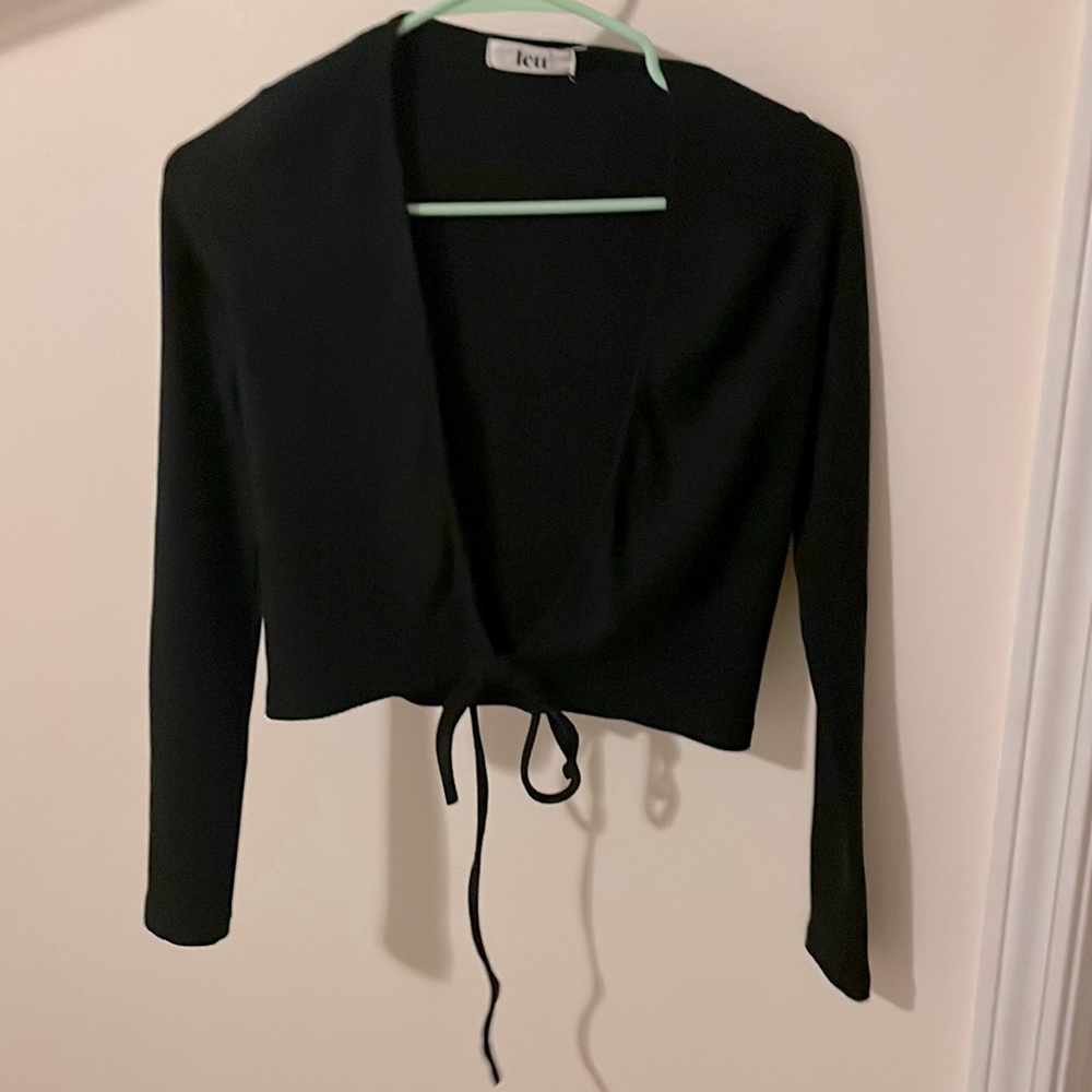 black lett sweater with tie, size small